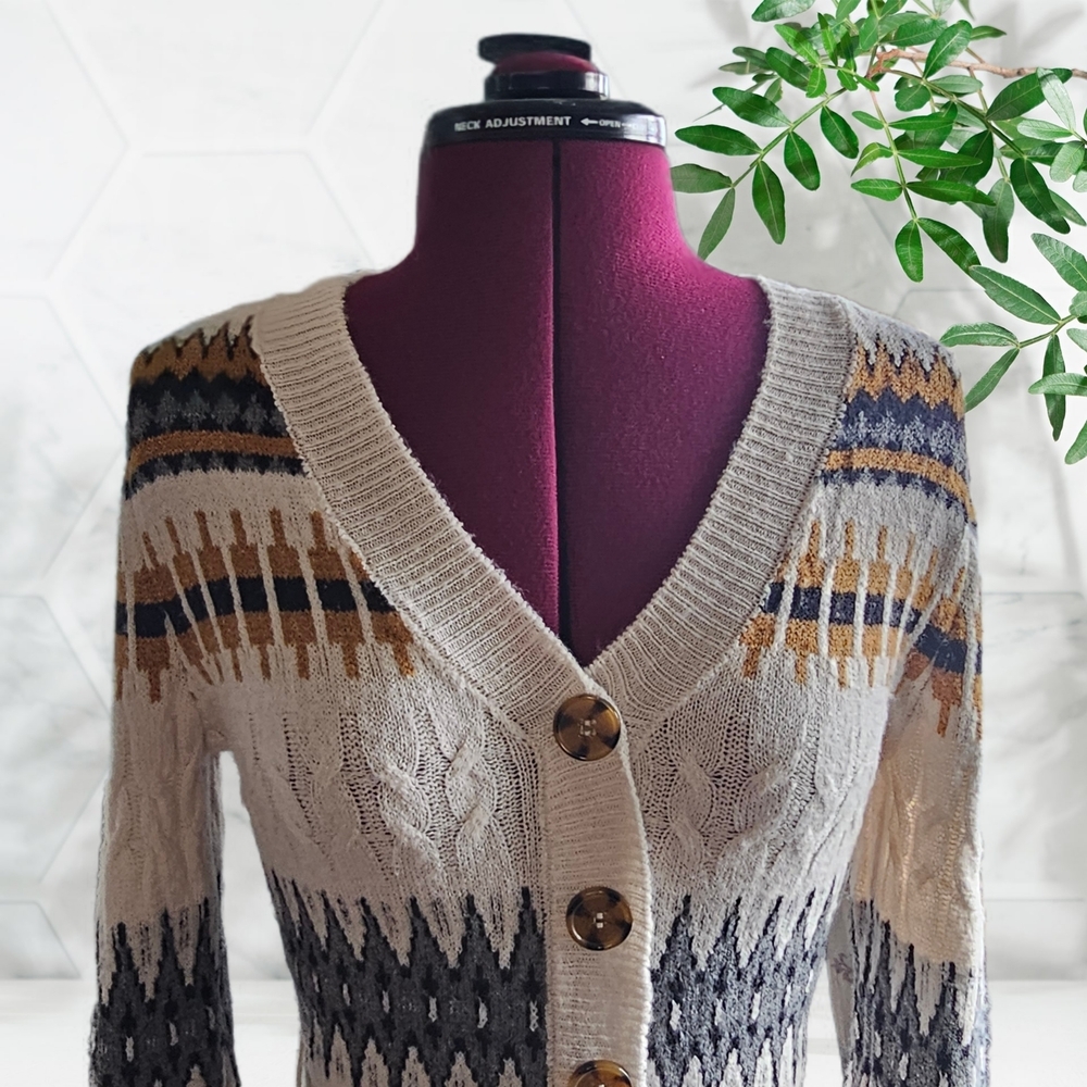 Lucky Brand Fair Isle Cardigan Knit Sweater Dress Aztec Geomteric Patterned - Picture 5 of 16